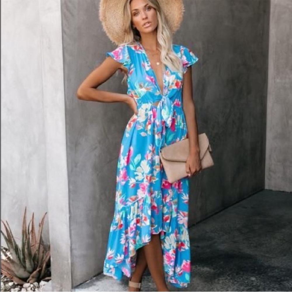 New Vici Maxi Plunge Tie Front High-Low Sundress - Picture 8 of 8